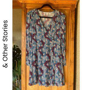 Paris Atelier & Other Stories I Blue Feather‎ Print Long Sleeve Dress I Size 6